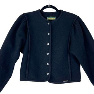 Vintage Geiger Cardigan Sweater 100% Pure Wool Puff Sleeve Black Sz 40 Austrian